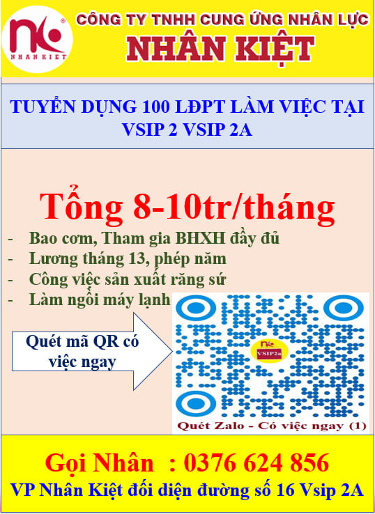Nhà cái 88 King88 TUYỂN DỤNG 100 CÔNG NHÂN LÀM VIỆC TẠI VSIP 2, 2A.