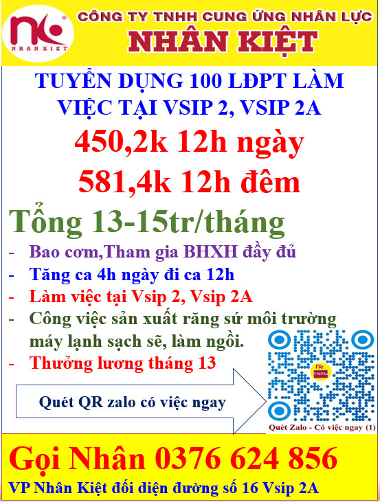 Nhà cái 88 King88 TUYỂN 100 LĐPT LÀM TẠI VSIP 2, 2A LƯƠNG CAO.