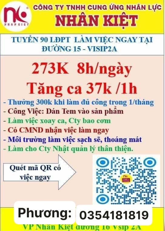 Tuyển 150 LĐPT Kinh 88 khuyến mãi hấp dẫn nhất tại đường số 15 Vsip2a