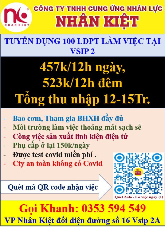 TUYỂN GẤP 100 LĐPT LÀM ĐIỆN TỬ ĐI CA 12H LƯƠNG CAO