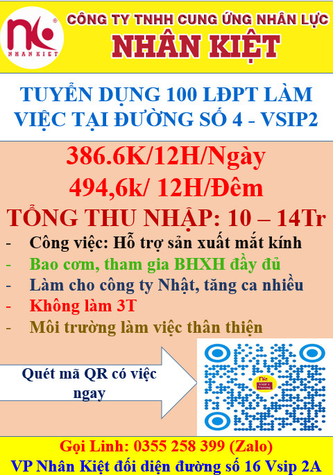 Nhà cái 88 King88 TUYỂN DỤNG 100 LĐPT LÀM VIỆC TẠI ĐƯỜNG SỐ 4 - VSIP2