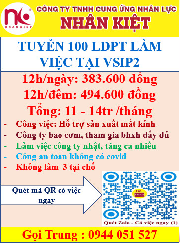 Nhà cái 88 King88 TUYỂN DỤNG 100 LĐPT LÀM VIỆC TẠI CÔNG TY NHẬT ĐƯỜNG SỐ 4 -VSIP2