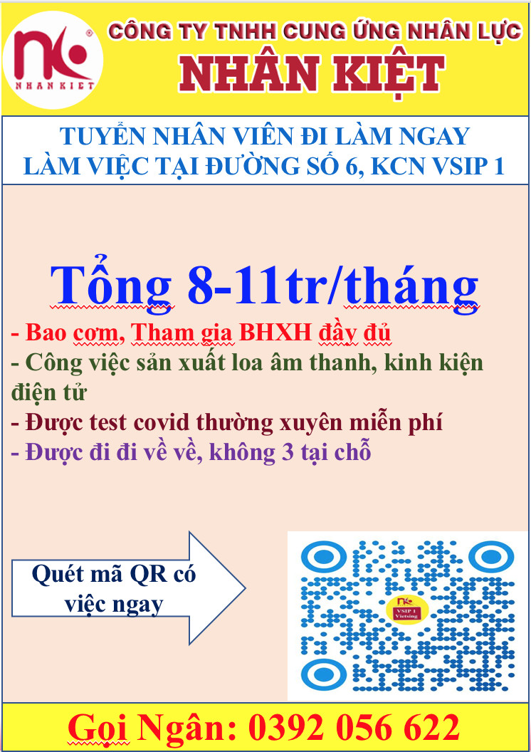 TUYỂN DỤNG 100 LĐPT LÀM VIỆC TẠI VSIP 1