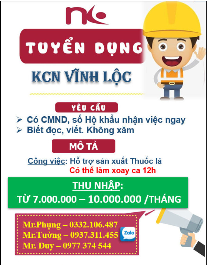 TUYỂN DỤNG 100 King88 Nhà cái trực tuyến tốt nhất hiện nay PHỔ THÔNG LÀM VIỆC TẠI KHU CÔNG NGHIỆP VĨNH LỘC