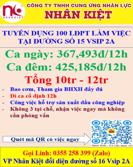 Nhà cái 88 King88 TUYỂN 20 LĐPT LÀM VIỆC TẠI CÔNG TY ĐƯỜNG SỐ 15 - VSIP 2A