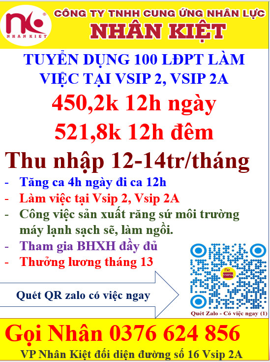Nhà cái 88 King88 TUYỂN DỤNG 100 LĐPT LÀM VIỆC TẠI VSIP 2, 2A