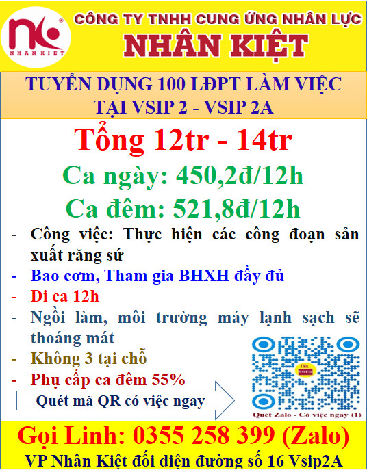 Nhà cái 88 King88 TUYỂN DỤNG 100 LĐPT LÀM VIỆC TẠI VSIP 2 - VSIP 2A