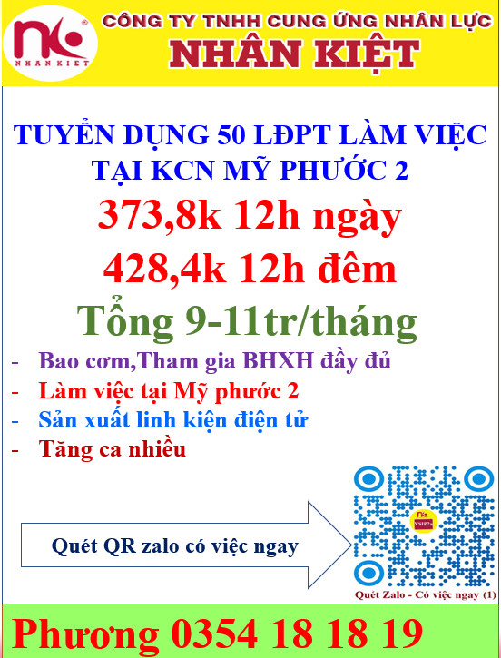 TUYỂN 50 LĐPT LÀM ĐIỆN TỬ TẠI MỸ PHƯỚC 2