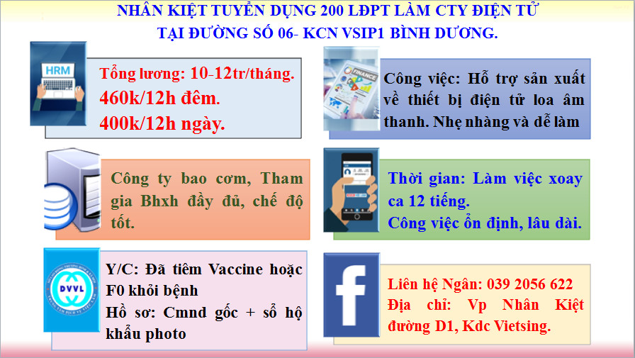 TUYỂN DỤNG 100 LĐPT LÀM ĐIỆN TỬ ĐI CA 12h LƯƠNG 8-11tr/ THÁNG