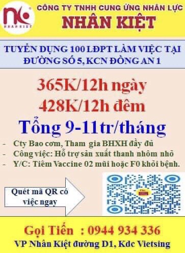 Nhà cái 88 King88 TUYỂN DỤNG 100 LĐPT SẢN XUẤT THANH NHÔM NHỎ TẠI ĐƯỜNG SỐ 05, KCN ĐỒNG AN. ( GẦN CẦU ÔNG BỐ)