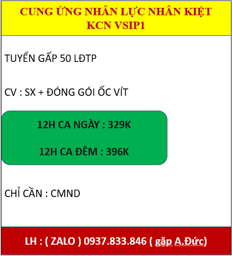 TUYỂN DỤNG 100 LĐPT LÀM VIỆC TẠI VSIP1