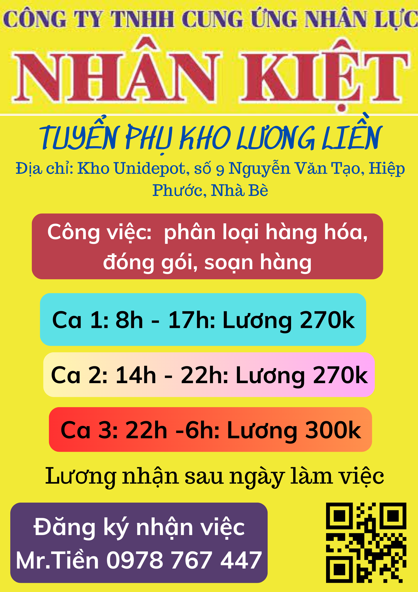 TUYỂN NHÂN VIÊN PHỤ KHO LƯƠNG LIỀN SAU CA
